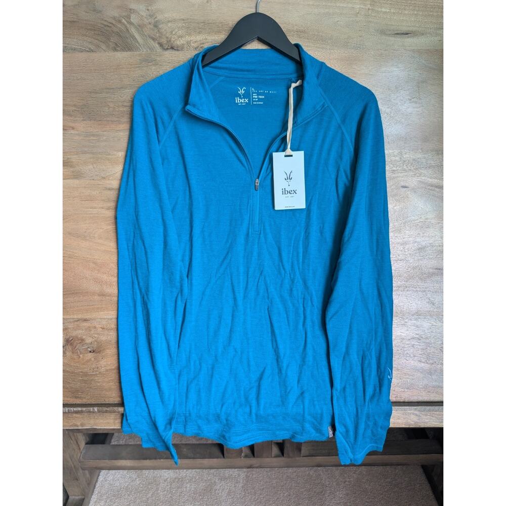 NWT Ibex Pro Tech 1/4 Zip Shirt Mens L Blue Merino Wool Stretch Thumbhole Sleeve